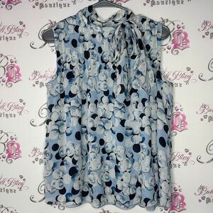 Armani blouse tank blue silk tie up scarf detail keyhole front pleated flowy